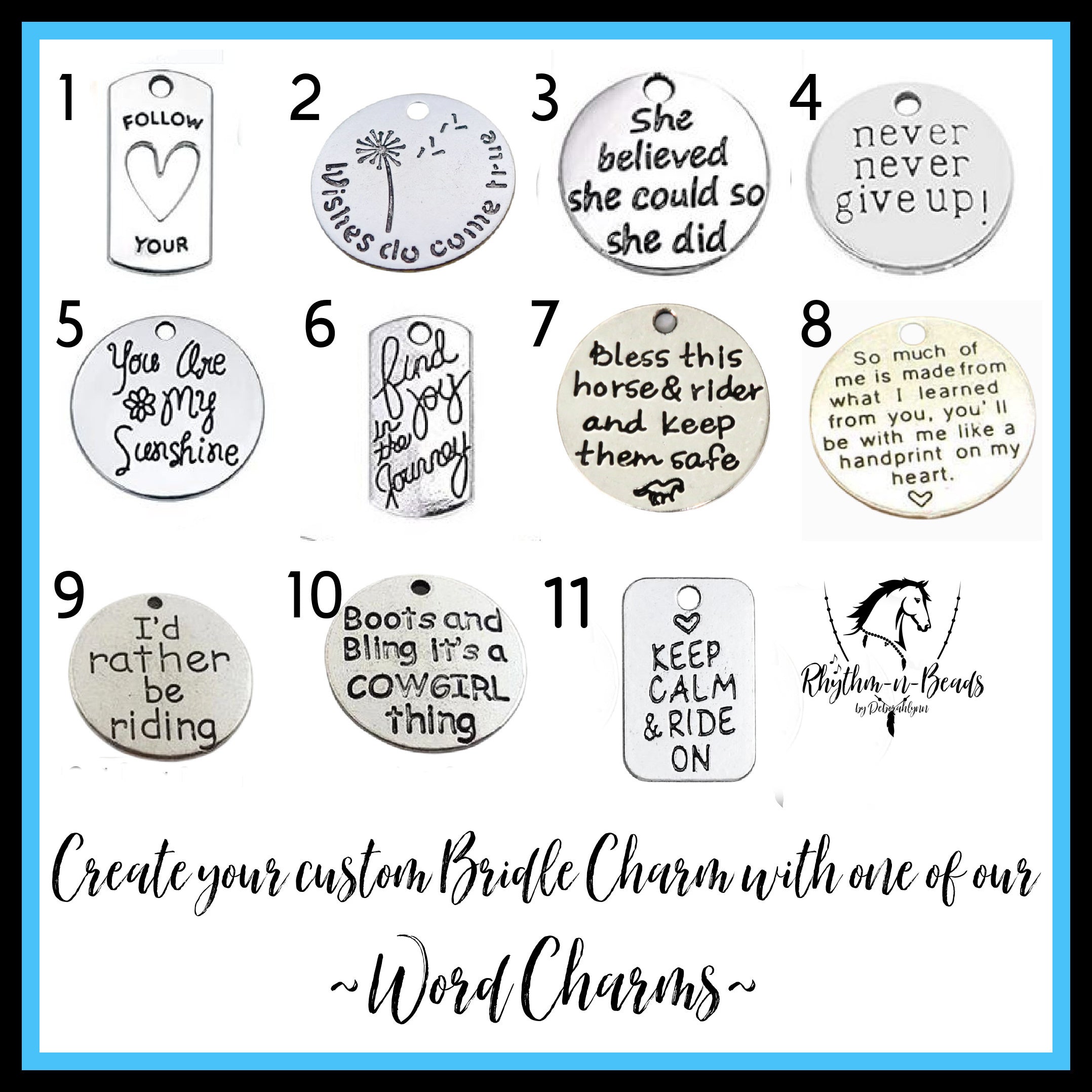 BRIDLE CHARM Turquoise +Pick your Word Charm