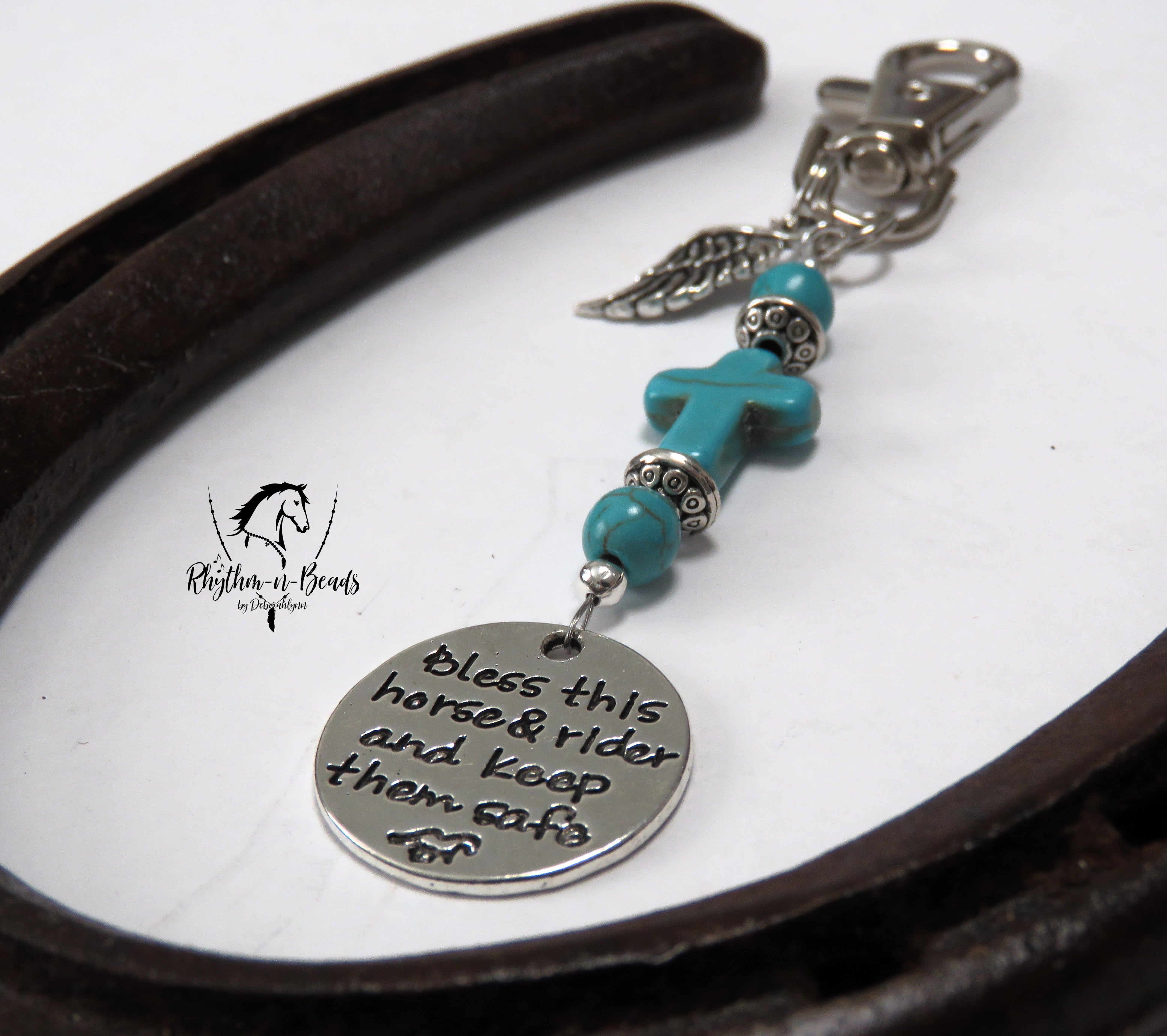 BRIDLE CHARM Cream or Turquoise Cross + Pick your WORD Charm