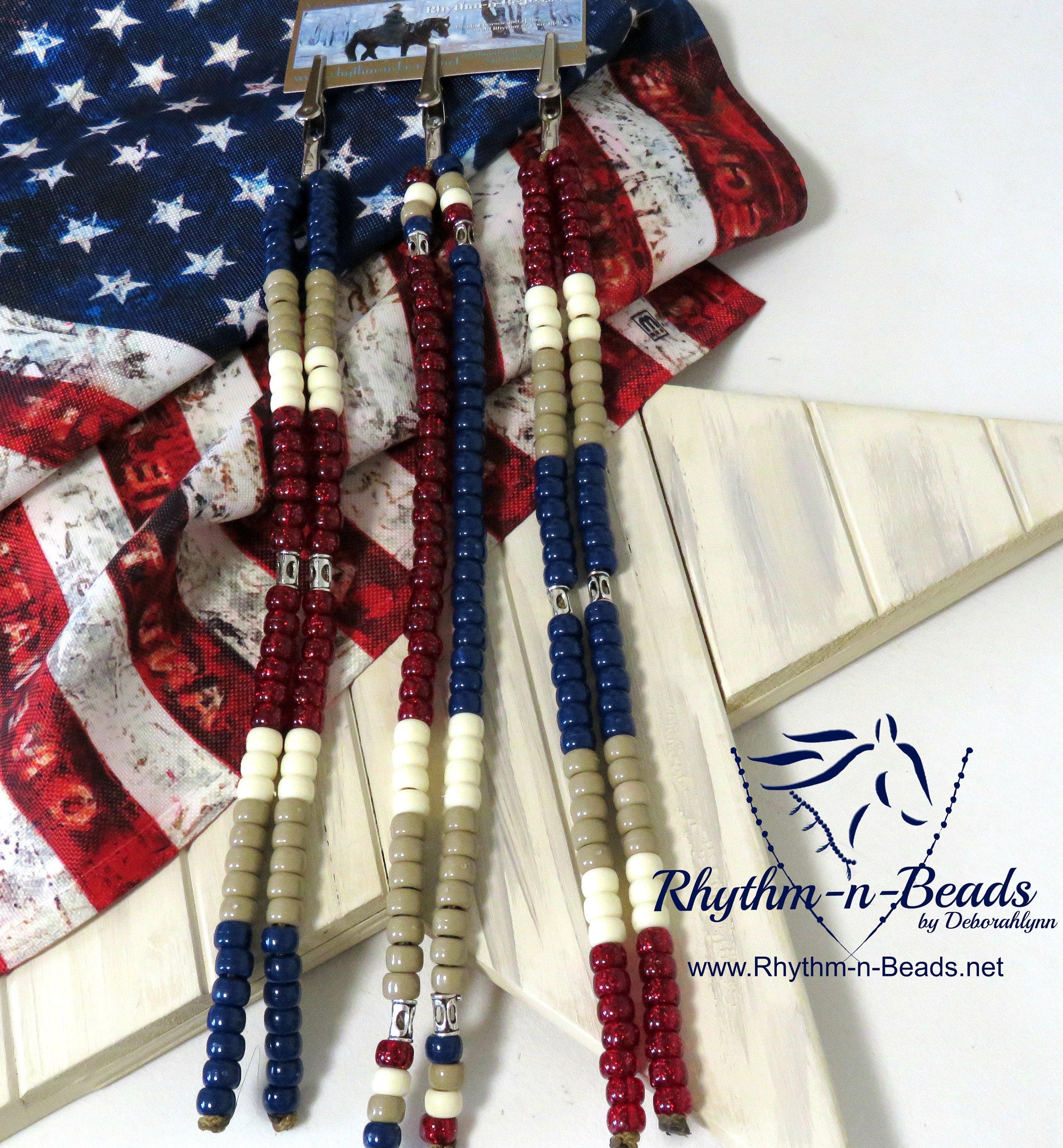 Rhythm Beads Necklace, AMERICANA OLD GLORY, Trail Beads for Horses,Horse Show Tack, 4th of July, Horse Bells, Parade Tack, Red White Blue